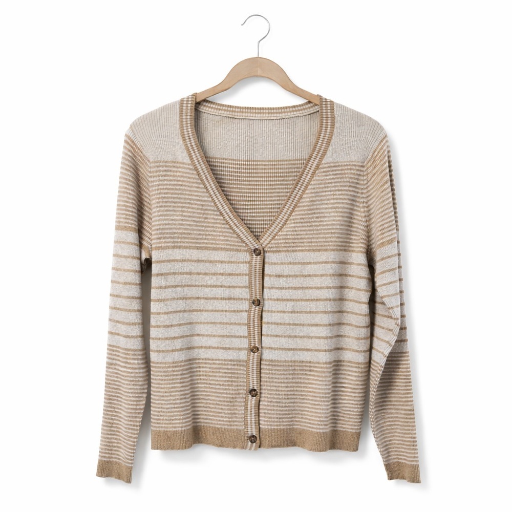 NWT Cyrus Striped Gray and Camel Women's Cardigan Sweater, Size L